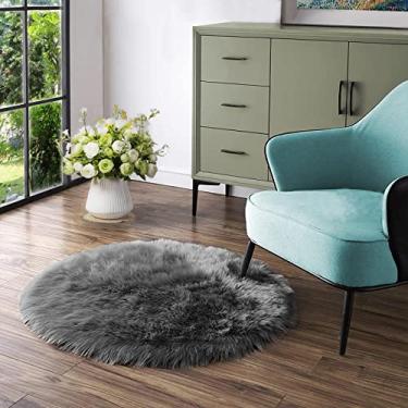 Imagem de Latepis Tapete redondo cinza escuro de 90 cm de pele sintética tapete fofo felpudo tapete de pele de carneiro para sala de estar quarto tapete felpudo fofo decoração de quarto