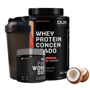 Imagem de Kit Whey Concentrado Dux+Pré Treino Dux + Coqueteleira Fumê-Masculino