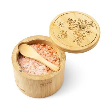 Imagem de ILConcepts Caixa de armazenamento de bambu Salt Cellar com tampa giratória magnética e colher, capacidade de 227 g