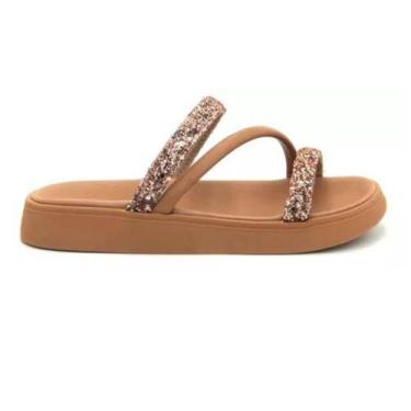 Imagem de Sandália Papete OuroRosado/Nude Conforte Feminina Com Strass E Brilho 