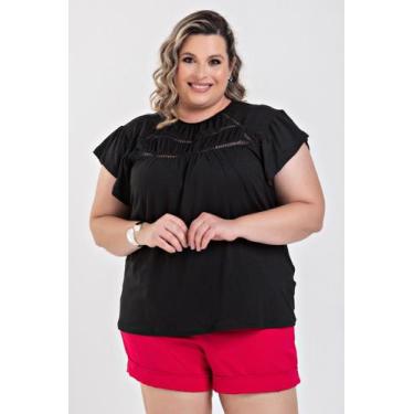Imagem de Blusa Feminina Plus Size Malha Suede Detalhes em Renda - Serena, Preto