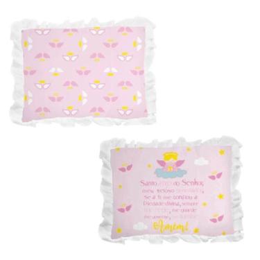 Imagem de 1 Travesseiro Bebê Rosa Oração Anjinho Da Guarda Luxo Babado - Incomfr