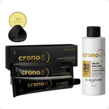Imagem de Kit Acquaflora Crono 10: Coloração 3.0 Castanho Escuro 60g e Emulsão R