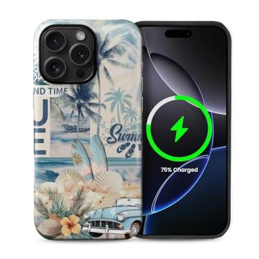 Imagem de Yuning419 Capa compatível com iPhone 15 Pro Max [compatível com MagSafe] Capa rígida híbrida de 2 camadas, capa magnética protetora à prova de choque para 15 Pro Max, colagem de conchas praia verão