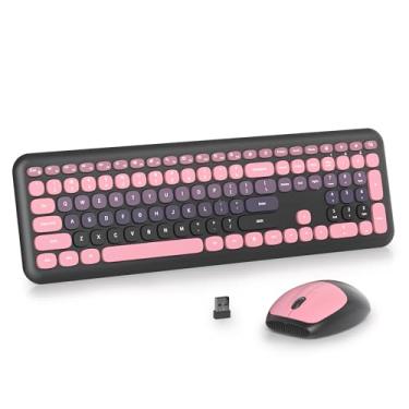 Imagem de iRoboosta Combo de teclado e mouse sem fio preto e rosa, teclado estético de máquina de escrever de 2,4 GHz, teclado bonito de tamanho completo com teclado numérico, teclados silenciosos para casa e