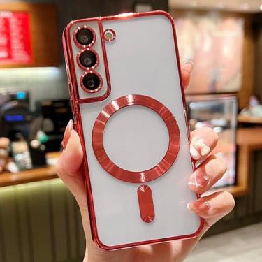 Imagem de HJZSZX Para S24 Plus Luxury Plating Clear Magnetic Wireless Charge Case Silicone Cover (Para S24 Plus/Vermelho)