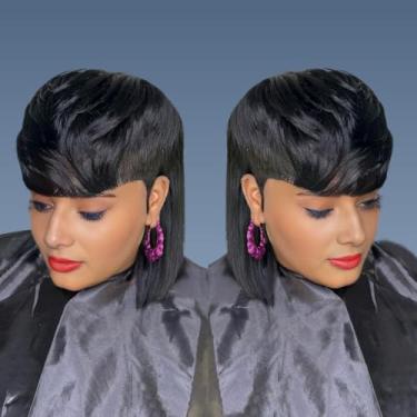 Imagem de PurpleSexy Chic Elegent Mullet Perucas de cabelo humano para mulheres negras sem cola, curto em camadas, corte Pixie, cabelo humano liso, cor preta natural, 20 cm, peruca curta para uso diário
