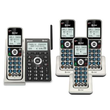 Imagem de AT&T BL3107-4 Telefone doméstico sem fio DECT 6.0 com 4 aparelhos com Bluetooth, sistema de atendimento, bloqueador de chamadas inteligente, alcance estendido, tela retroiluminada de 5 cm, teclado