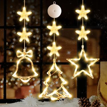 Imagem de LYUBASA [Temporizador] 3 peças de decorações de luzes de Natal, alimentadas por pilhas, penduradas em branco quente, sino, árvore iluminada, em formato de estrela, sugador de LED para lareira de