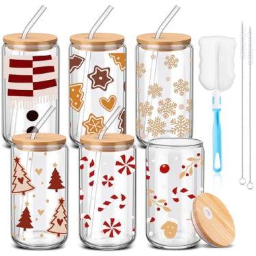 Imagem de RimCereal 6 peças de copo de bebida para o dia de Natal a granel 473 g caneca de vidro de Natal fofo copo de lata de café de Natal com canudo e tampa de bambu coisas de Natal para mulheres e homens