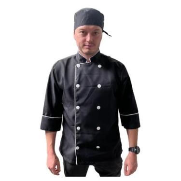 Imagem de Dolma preta gg com friso e botão branco manga 3/4 unissex chef jaleco 