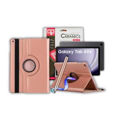 Imagem de Kit Capa Case Giratoria 360º para Tablet Samsung Galaxy Tab A9 Plus (X210/X215/X216) + Película de Ceramica 9D, Anti-risco, Anti-impressao digital + Caneta Touch 2 em 1 (Rosê)