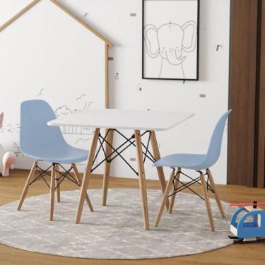Imagem de Conjunto De Mesa Infantil Madeira 68Cm Quadrado Branco 2 Cadeiras Azul