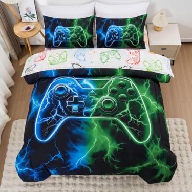 Imagem de Meeting Story Conjunto de cama para meninos com 5 peças, tamanho queen, verde e azul, console de jogos, cama infantil em uma bolsa macia e leve para videogame (azul e verde)