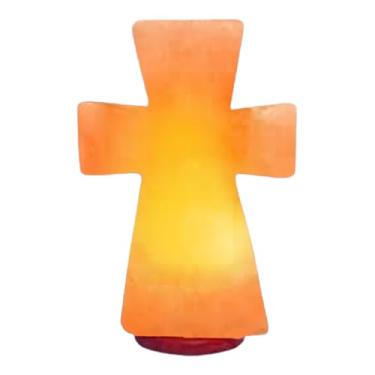 Imagem de ZKTRADING Lâmpada de cruz de sal do Himalaia – 20,3 cm de altura, 12,7 cm de largura, 3,2 kg – Lâmpada noturna de sal rosa feita à mão com base de madeira – Presente decorativo para sala de oração
