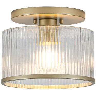 Imagem de Zlepmlla Luz de teto de vidro, luminária de teto de vidro com nervuras transparentes com moldura de metal dourado, luz de teto de montagem semi-embutida moderna para corredor, entrada, quarto