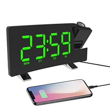 Imagem de ThreeH Despertador de projeção com tela de LED, 4 rádio-relógio digital de brilho ajustável com carregador de telefone USB, despertador com 2 funções soneca de alarme, verde