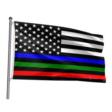 Imagem de Bandeira de linha fina azul vermelha verde 1,2 x 1,8 m polícia militar bombeiro exército bombeiro EUA bandeira listrada resistente ao desbotamento cores vivas poliéster com 2 ilhós de latão para