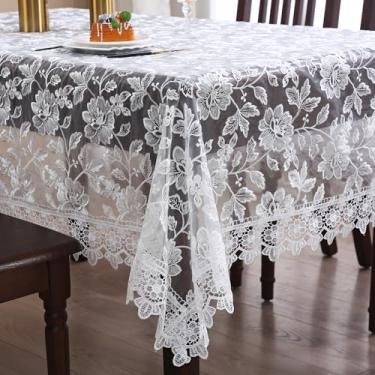 Imagem de Toalha de mesa de renda branca retangular para uso ao ar livre tecido floral bordado decoração macramê vintage chique toalha de mesa para cozinha e toalhas de mesa, casa de fazenda, jantar, verão