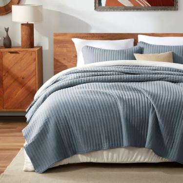 Imagem de SLEEP ZONE Conjunto de colcha, colcha de cama king size para todas as estações - conjunto de colcha lavada - colcha leve (269 x 244 cm | 2 fronhas, listras azuis de pederneira)