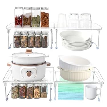 Imagem de Prateleira organizadora de armário, pacote com 4 organizadores de especiarias para organizadores de bancada de armário, organizador de prateleira empilhável para organizadores de cozinha e