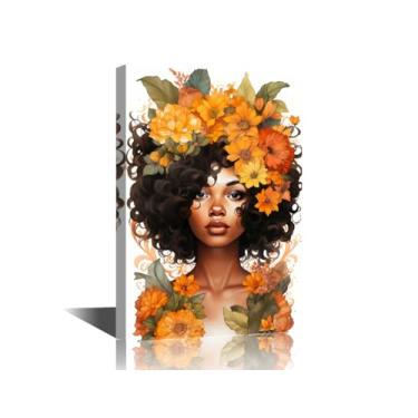 Imagem de Arte de parede vintage de mulher afro-americana para sala de estar, pintura floral de mulher negra, arte de arte de menina negra com flores, pôsteres e impressões, arte de parede para pendurar quadros