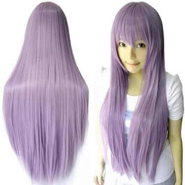 Imagem de IMISSU Perucas de cosplay de cabelo natural longo e reto com franja colorida fantasia de Halloween peruca de festa para menina (Roxo)