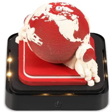 Imagem de Calendário Time Piece, bloco de notas 3D 2025 com luzes de LED, calendário de mesa 3D criativo, notas de postagem de calendário de arte 3D, decoração de mesa de arte faça você mesmo (Terra vermelha)