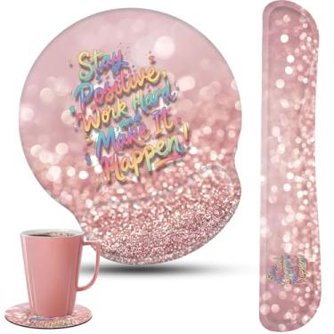 Imagem de Conjunto de descanso de pulso para teclado e mouse pad com porta-copos, mantenha o trabalho positivo e faça acontecer citação inspiradora mouse pad de pulso com base de poliuretano antiderrapante para