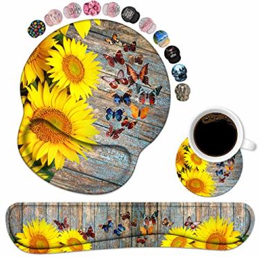 Imagem de Conjunto de descanso de pulso para teclado e mousepad, suporte de pulso com porta-copos e design de girassol e borboleta, mouse pad de pulso com base de poliuretano antiderrapante para computador, laptop, escritório, trabalho, estudo, fácil digitação