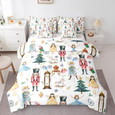 Imagem de Erosebridal Jogo de cama infantil casal com quebra-nozes, 7 peças, cama de Natal sonhadora em uma bolsa, carrossel infantil, conjunto de edredom com lençol de balé, árvore de Natal, enchimento