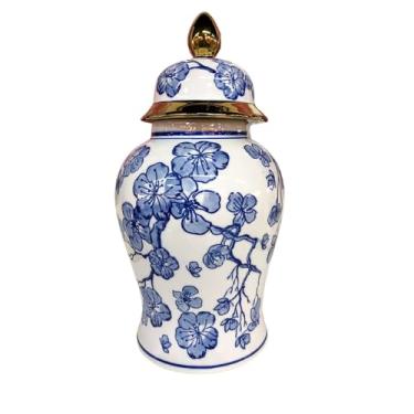 Imagem de Vaso Chinês Cerâmica Branco com Flores Azuis com Detalhes Dourados 35,5cm para Decoração de Escritórios, Clínicas, Salas de Estar, Hall de Entrada e Salas de Jantar