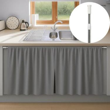 Imagem de Kit 2 Cortinas Pia Cozinha Impermeável PVC Blackout + Varão extensível