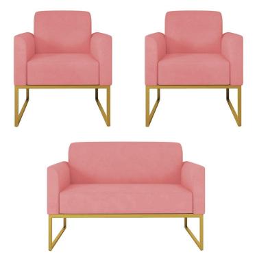 Imagem de Kit Namoradeira e 2 Poltronas Decorativas Base Industrial Dourada Maressa S17 Suede Rosê - Ibiza