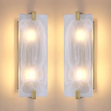 Imagem de Dolaimy House Arandela de parede de banheiro de vidro fosco com 2 unidades, 2 lâmpadas de 39,9 cm, estilo conciso, moderno, acabamento dourado para quarto, corredor, cabeceira