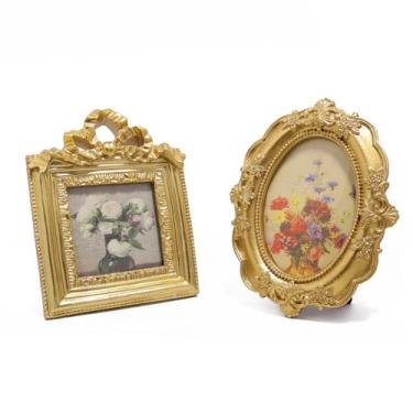 Imagem de Conjunto de 2 molduras vintage douradas, quadradas, ovais, pequenas, ornamentadas, barrocas, antiguidades, para decoração de mesa, decoração de casamento e Natal (6 x 8 e 6 cm)