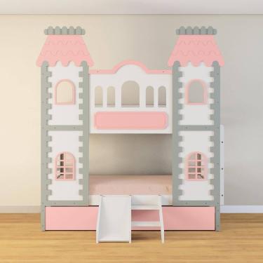 Imagem de Beliche Castelo Encantado 02 Gavetas Rosa Kit Escada/Escorregador - Madeira Maciça Branco/Cinza/Rosa | Housin