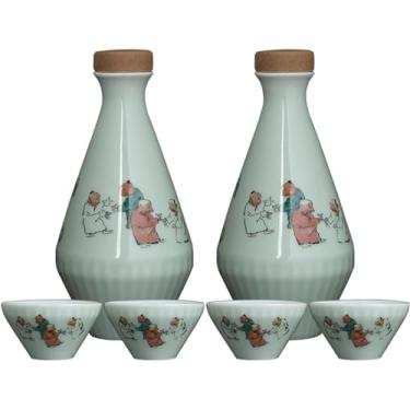 Imagem de TLTDSMY Conjunto de saquê de cerâmica, 6 peças de garrafa de saquê de cerâmica tradicional japonesa feita à mão para copo de vinho de porcelana, artesanato de decoração de casa, inclui 2 potes de