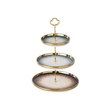Imagem de Suporte de bolo de cerâmica leve e luxuoso com alça de metal, mesa de sobremesa de 3 camadas, multicolorido, destacável para bolos, suporte de pastelaria, suportes de sobremesa