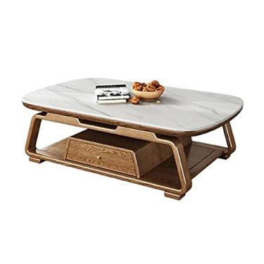 Imagem de Mesa de centro moderna e luxuosa mesa de centro, tampo de ardósia e moldura de madeira de freixo, mesa central oval grande com 1 gaveta para sala de estar e quarto (120 x 60 x 44 cm)