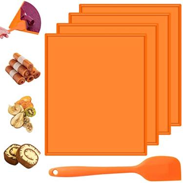 Imagem de 4 peças de folhas de desidratador de silicone com borda antiaderente, tapetes desidratadores de silicone com raspador, forros de bandeja resistentes ao calor para frutas, couro, carne líquida