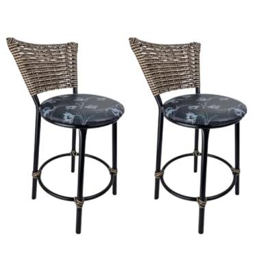 Imagem de Banqueta Baixa com Encosto em Junco e Assento em Napa – Estrutura em Aço Preto 7/8 | Design Moderno e Confortável | Ideal para Cozinhas, Bares e Varandas | Suporta até 120kg (Preto Floral)