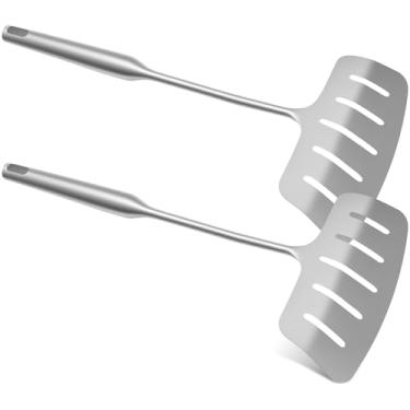 Imagem de Espátula de peixe de aço inoxidável 304 com cabo longo resistente ao calor para cozinhar espátulas de omelete com fenda larga para panela antiaderente comida delicada (prata, 2 peças)