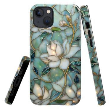 Imagem de heindiy Compatível com iPhone 15, capa brilhante com proteção total à prova de choque e anti-arranhões, capas para homens e mulheres - flores de magnólia vintage