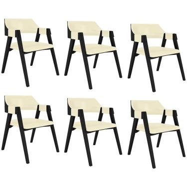 Imagem de Kit 6 Cadeiras Sala de Jantar e Jogos Carteados Madeira Maciça Poker PU OffWhite/Preto G42 - Gran Belo