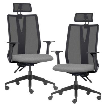 Imagem de Kit 2 Cadeiras Escritório Giratória Presidente Flow F02 Base Preta Linho Cinza Escuro - Lyam Decor