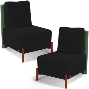 Imagem de Kit 02 Poltronas Decorativas Sala de Estar Living Pés Madeira Hungria L02 Couríssimo Verde Suede Preto - Lyam