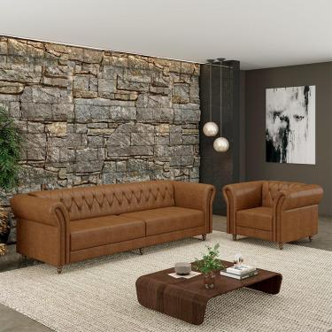 Imagem de Conjunto Sala de Estar 1 Sofá Living 260cm e 1 Poltrona Stanford Chesterfield Pés Madeira Couro Mel Manchado G58 - Gran Belo