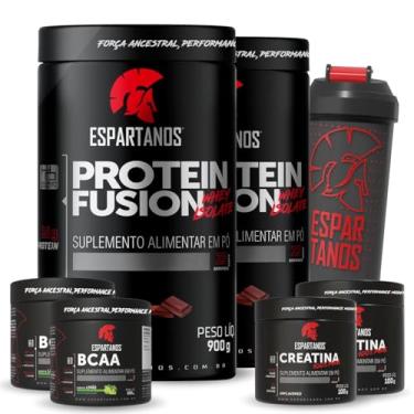 Imagem de Kit 2x Whey Protein Fusion Chocolate 900g + 2x BCAA em Pó Limão 100g + 2x Creatina 100g + Coqueteleira - Espartanos