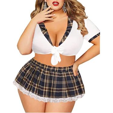 Imagem de Avidlove Lingerie plus size para mulheres curvilíneas conjunto de lingerie sexy cosplay fantasias de Halloween, roupas sexy para meninas escolares com minissaia (marrom, 16 Plus)